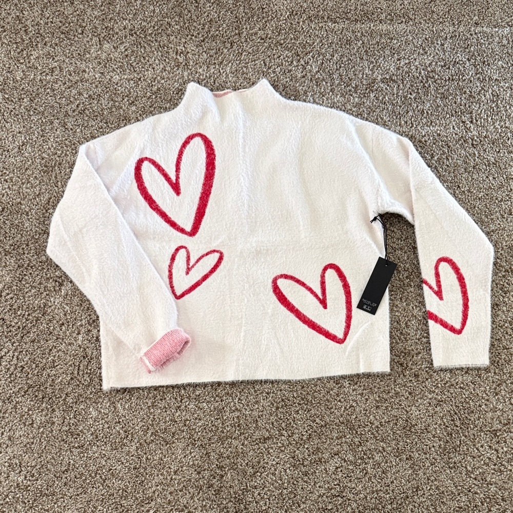 Rachel Zoe White Sweater with Red Heart Accents